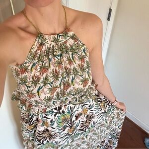 Banjanan Two-tone Mixed Pattern Patchwork Floral Halter Maxi Dress Open back